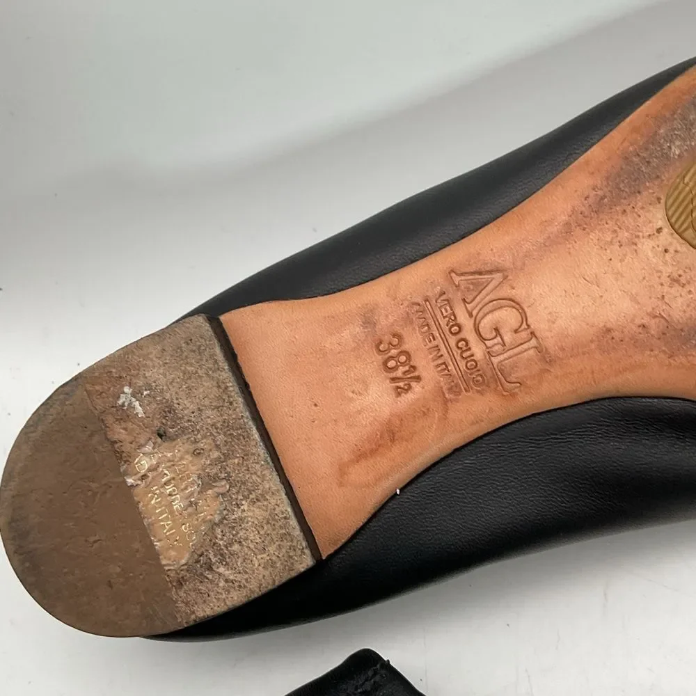 AGL ladies ballet flats shoes 38 1/2 us 8 1/2 black silver peep toe leather chic - Picture 10 of 13